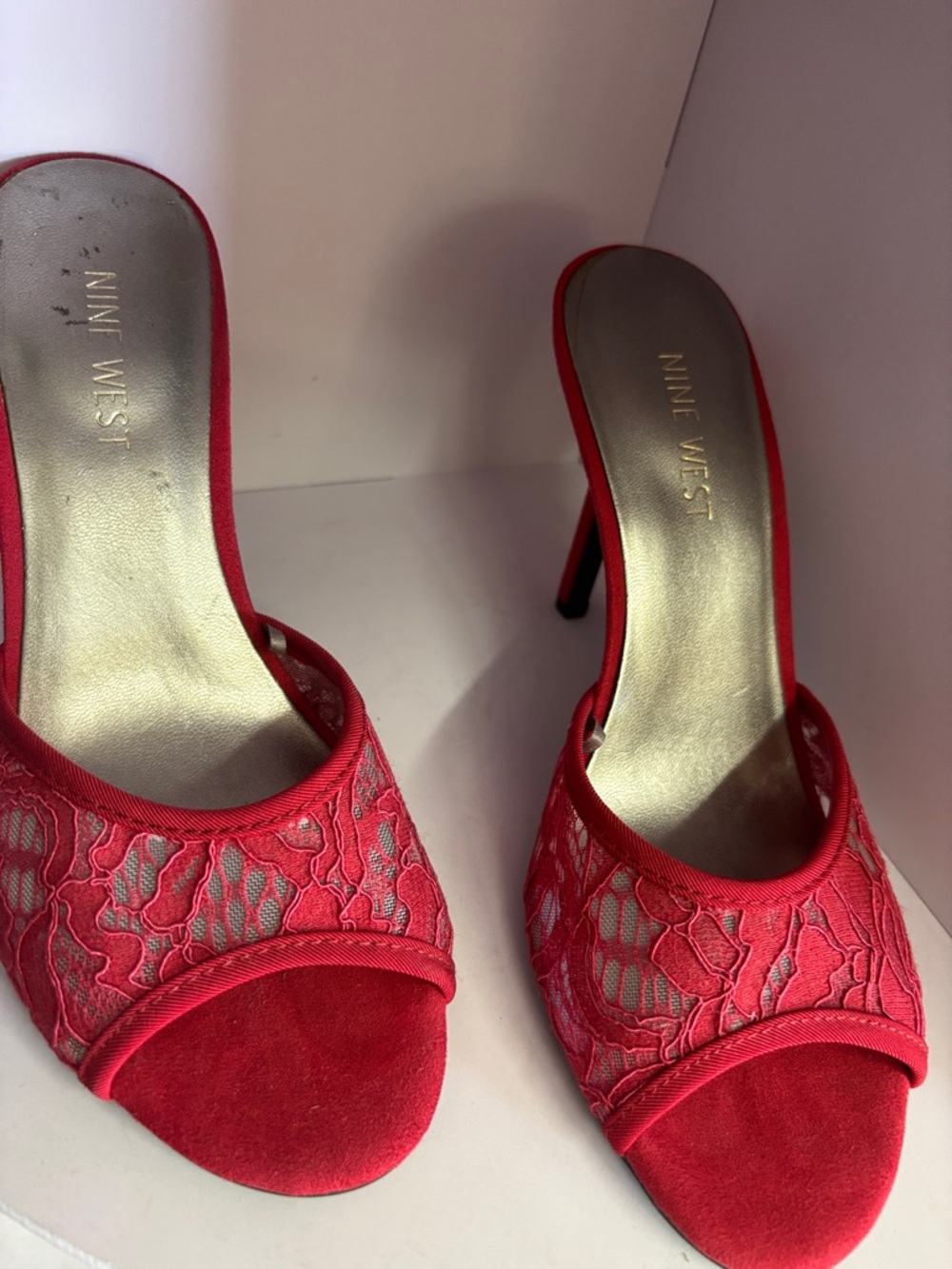 Nine West Red Lace Open-Toe Stiletto Mules